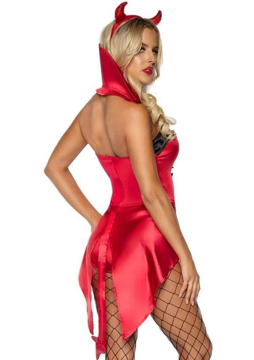Load image 1 in gallery view. Leg Avenue Devilish Darling Tux and Tails Bodysuit with Stay Up Collar, Pin-On Devil Tail, and Sequin Devil Horn Headband - Red - XSmall - 3 Piece