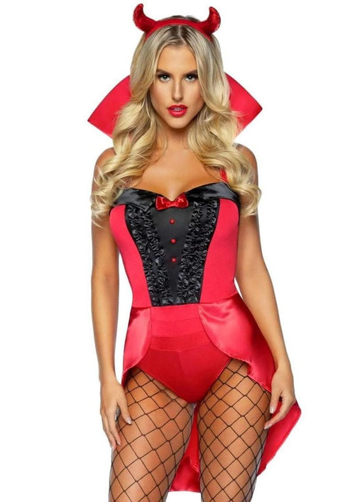 Load image 1 in gallery view. Leg Avenue Devilish Darling Tux and Tails Bodysuit with Stay Up Collar, Pin-On Devil Tail, and Sequin Devil Horn Headband - Red - Small - 3 Piece