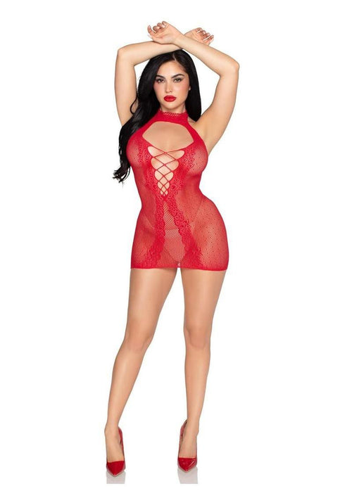 Load image 1 in gallery view. Dotted Net and Lace Halter Mini Dress with Faux Lace-Up Open Back Leg Avenue