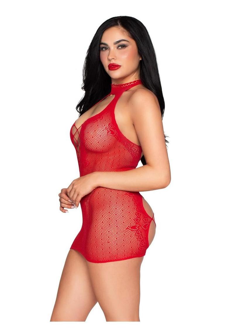 Dotted Net and Lace Halter Mini Dress with Faux Lace-Up Open Back Leg Avenue