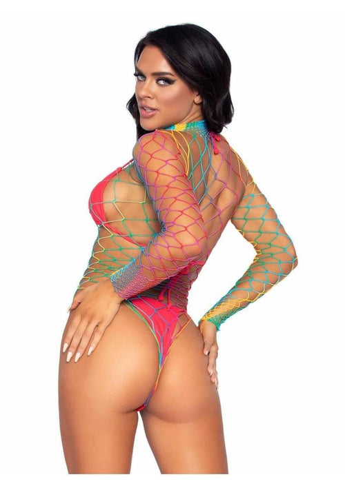 Load image 1 in gallery view. Leg Avenue Fence Net Snap Crotch Long Sleeved Bodysuit - Multicolor/Rainbow - One Size