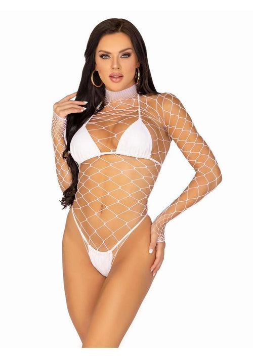 Load image 1 in gallery view. Leg Avenue Fence Net Snap Crotch Long Sleeved Bodysuit - White - One Size