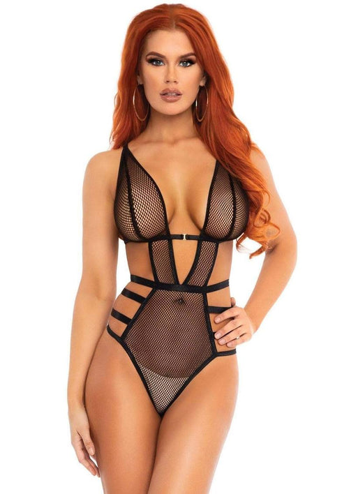 Load image 1 in gallery view. Leg Avenue Fishnet Cut Out Strappy G-String Teddy with Adjustable Straps - Black - Small