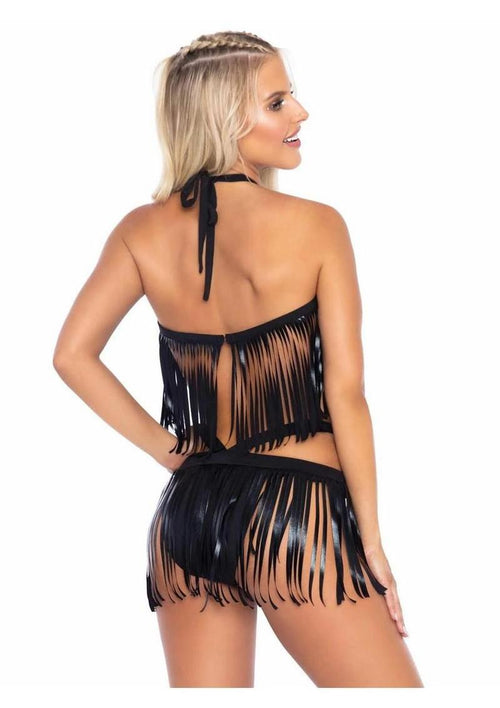 Load image 1 in gallery view. Leg Avenue Fringe Halter Top and Matching Bikini Bottoms - Black - Large/Medium - 2 Piece