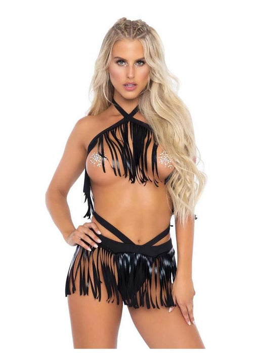 Load image 1 in gallery view. Leg Avenue Fringe Halter Top and Matching Bikini Bottoms - Black - Large/Medium - 2 Piece