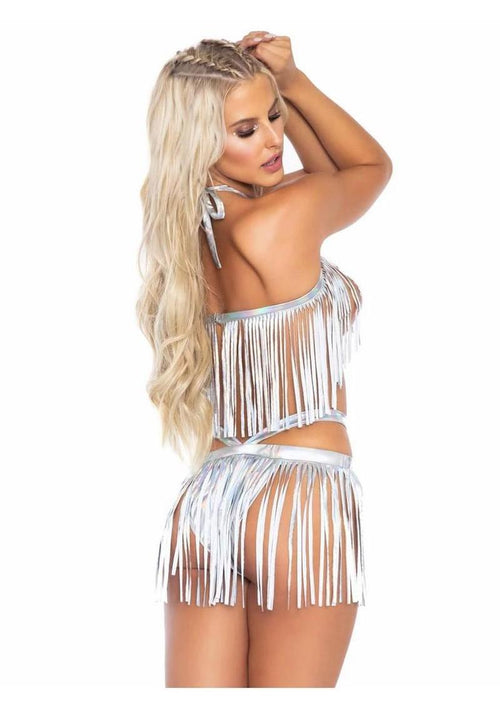 Load image 1 in gallery view. Leg Avenue Fringe Halter Top and Matching Bikini Bottoms - Silver - Large/Medium - 2 Piece
