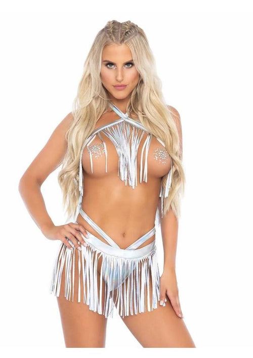 Load image 1 in gallery view. Leg Avenue Fringe Halter Top and Matching Bikini Bottoms - Silver - Medium/Small - 2 Piece