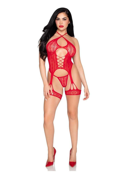 Load image 1 in gallery view. Heart Halter Cami Garter and G-String Panty Leg Avenue