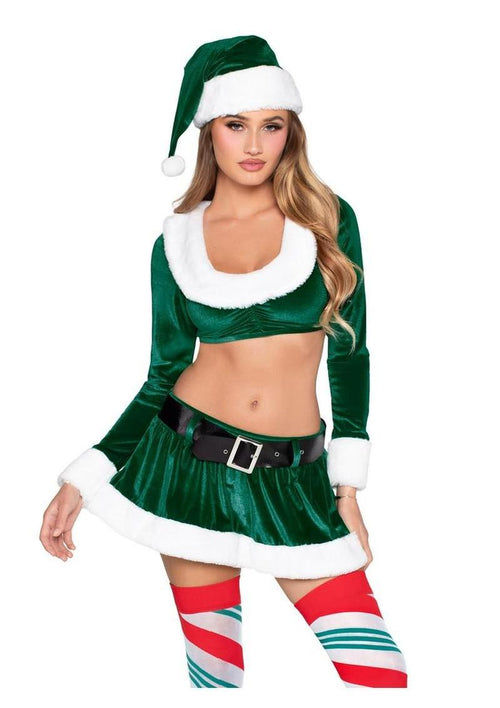 Load image 1 in gallery view. Leg Avenue Hoho Hottie, Velvet Crop Top with Faux Fur Trim, Mini Skirt, Belt and Santa Hat - Green/White - XSmall - 4 Piece