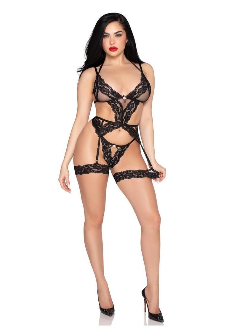 Lace and Sheer Cami Garter with Rosette Accent and Matching G-String Panty Leg Avenue