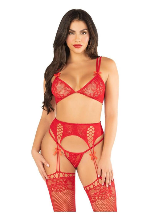 Load image 1 in gallery view. Leg Avenue Lace Bra Top with Dual Strap Detail, G-String Panty and Lace Top Garter Belt Stockings - Red - One Size - 3 Piece