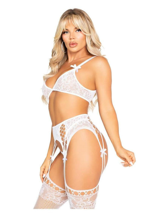 Load image 1 in gallery view. Leg Avenue Lace Bra Top with Dual Strap Detail G-String Panty and Lace Top Garter Belt Stockings - White - One Size