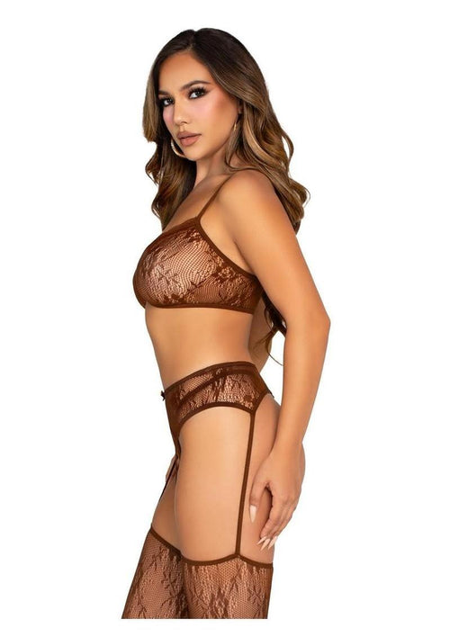 Load image 1 in gallery view. Leg Avenue Lace Bra Top with Mini Bow Detail, V-Front G-String, and Garter Belt Stockings - Cocoa - One Size