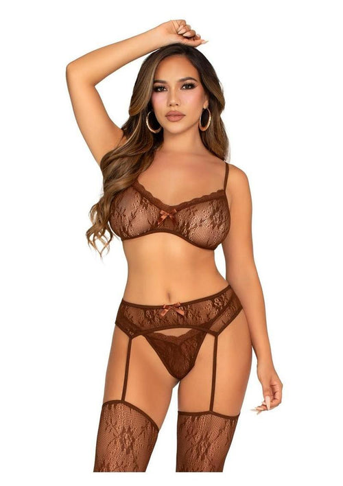 Load image 1 in gallery view. Leg Avenue Lace Bra Top with Mini Bow Detail, V-Front G-String, and Garter Belt Stockings - Cocoa - One Size