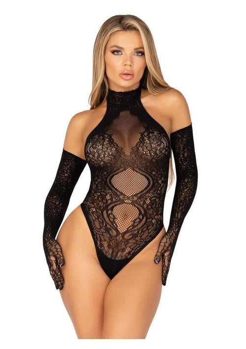 Load image 1 in gallery view. Leg Avenue Lace Halter Teddy and Matching Long Lace Gloves - Black - One Size - 2 Piece