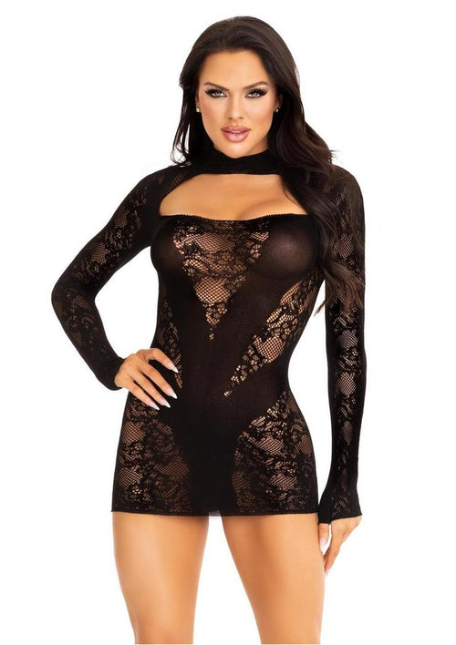 Load image 1 in gallery view. Leg Avenue Lace Keyhole Mini Dress with Opaque Panel Detailing and Gloved Sleeves - Black - One Size