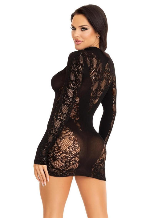 Load image 1 in gallery view. Leg Avenue Lace Keyhole Mini Dress with Opaque Panel Detailing and Gloved Sleeves - Black - One Size