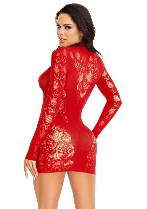 Load image 1 in gallery view. Leg Avenue Lace Keyhole Mini Dress with Opaque Panel Detailing and Gloved Sleeves - Red - One Size