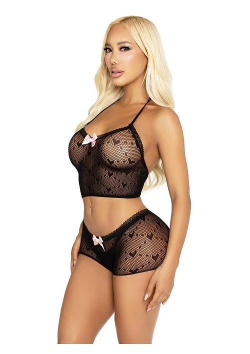Load image 1 in gallery view. Leg Avenue Mini Heart Trimmed Heart Net Halter Cami and Boy Short Panty - Black - One Size - 2 Piece