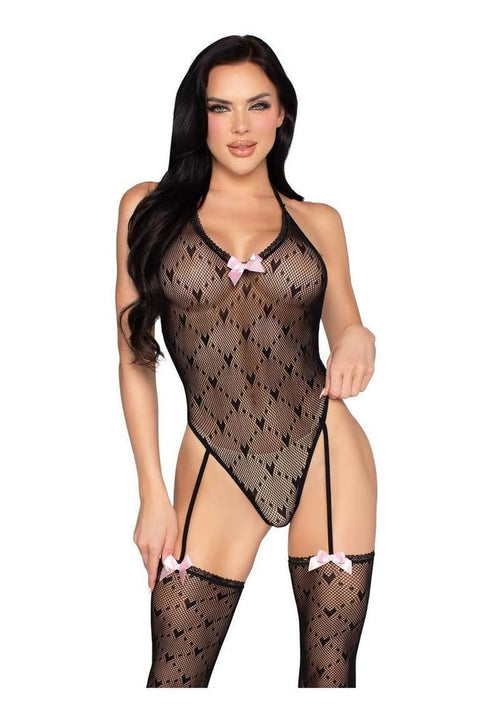 Load image 1 in gallery view. Leg Avenue Mini Heart Trimmed Heart Net Teddy with Attached Stockings - Black - One Size