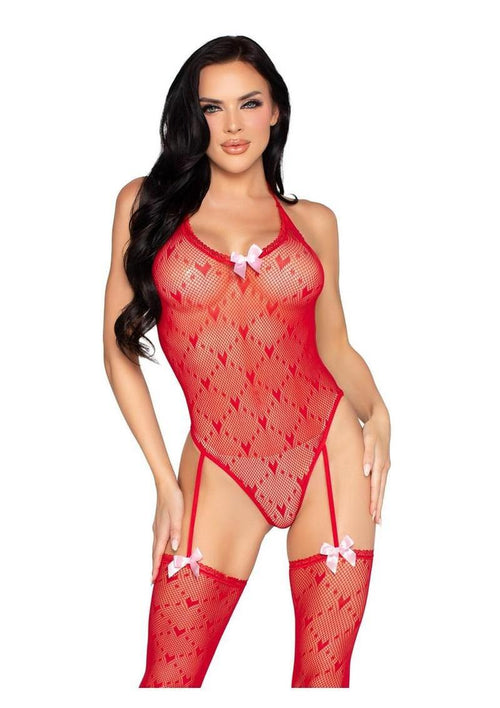Load image 1 in gallery view. Leg Avenue Mini Heart Trimmed Heart Net Teddy with Attached Stockings - Red - One Size