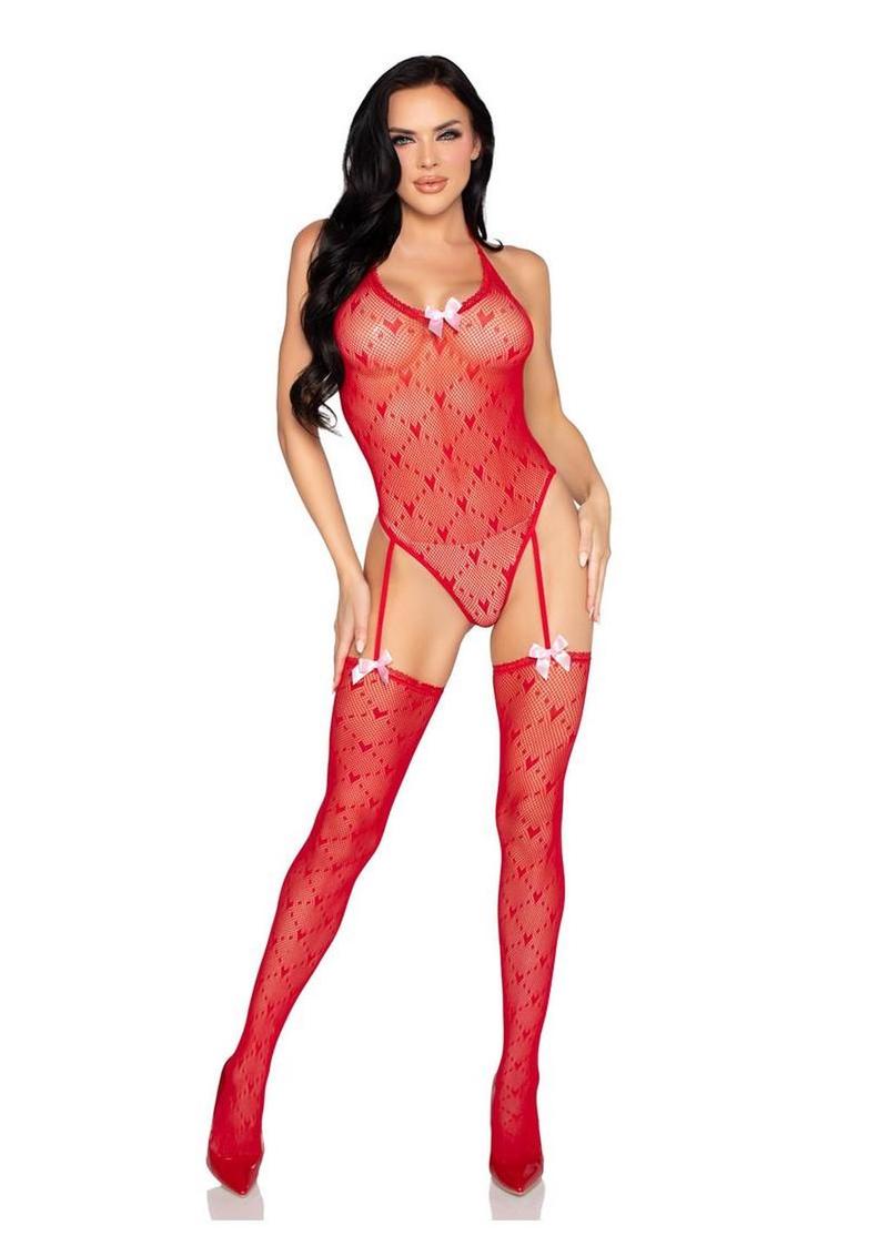 Mini Heart Trimmed Heart Net Teddy with Attached Stockings Leg Avenue