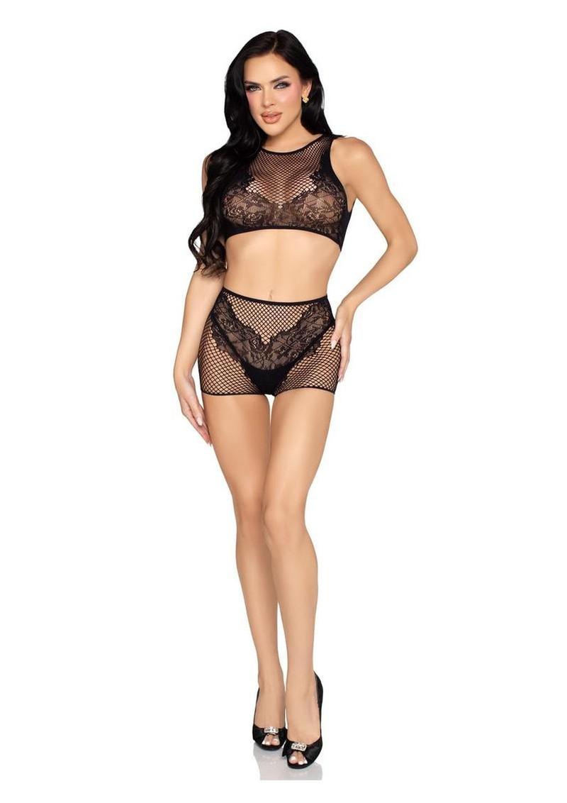 Net and Lace Crop Top and Matching Boy Shorts (2 Piece) - Os Leg Avenue