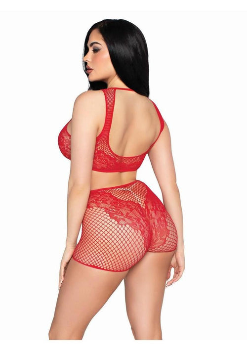 Load image 1 in gallery view. Leg Avenue Net and Lace Crop Top and Matching Boy Shorts (2 Piece) - Os - Red