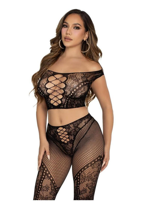 Load image 1 in gallery view. Leg Avenue Net and Lace Off-The-Shoulder Crop Top and Footless Tights - Black - One Size - 2 Piece