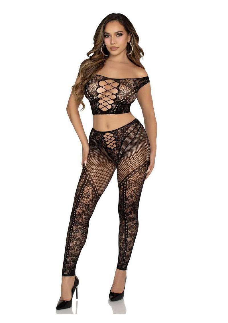 Leg Avenue Net and Lace Off-The-Shoulder Crop Top and Footless Tights Leg Avenue