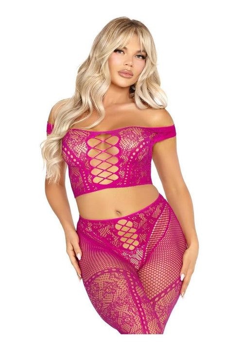 Load image 1 in gallery view. Leg Avenue Net and Lace Off-The-Shoulder Crop Top and Footless Tights - Magenta - One Size - 2 Piece