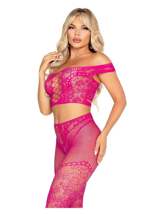 Load image 1 in gallery view. Leg Avenue Net and Lace Off-The-Shoulder Crop Top and Footless Tights - Magenta - One Size - 2 Piece