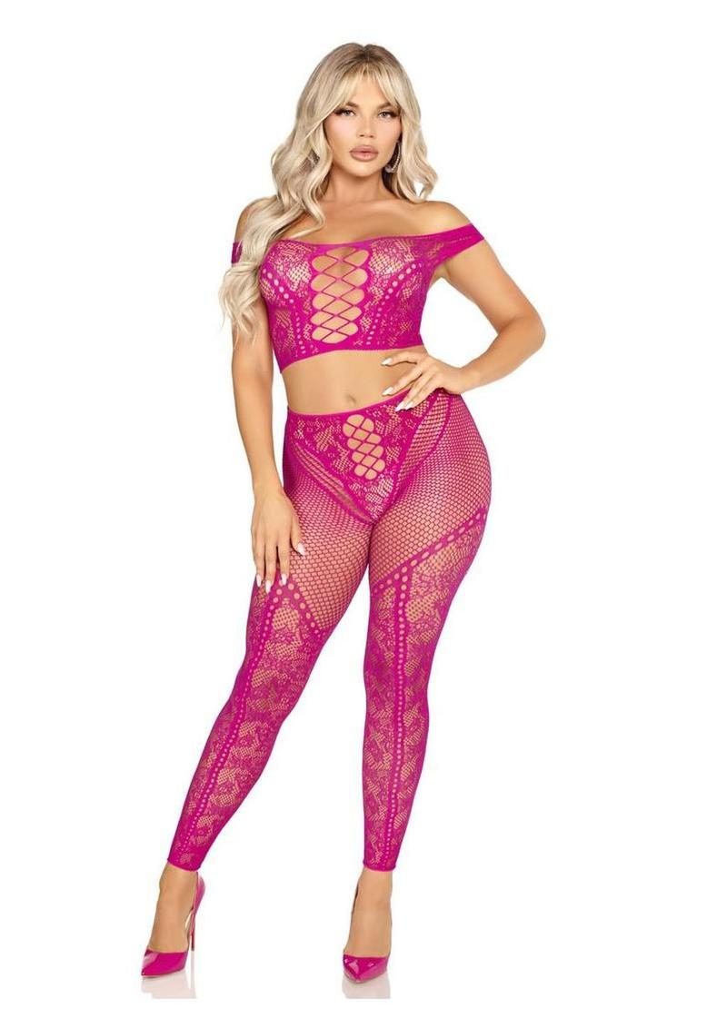 Leg Avenue Net and Lace Off-The-Shoulder Crop Top and Footless Tights Leg Avenue