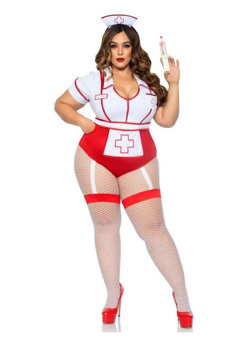 Nurse Feelgood Snap Crotch Garter Bodysuit with Attached Apron and Hat Headband Leg Avenue