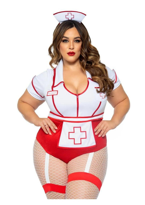 Load image 1 in gallery view. Leg Avenue Nurse Feelgood Snap Crotch Garter Bodysuit with Attached Apron and Hat Headband - Red/White - Queen/XLarge/XXLarge - 2 Piece