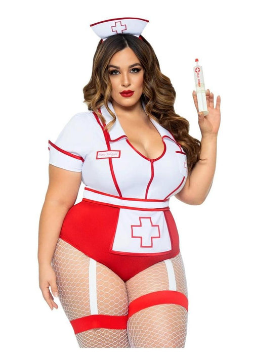 Load image 1 in gallery view. Leg Avenue Nurse Feelgood Snap Crotch Garter Bodysuit with Attached Apron and Hat Headband - Red/White - 3XLarge/4XLarge/Queen - 2 Piece