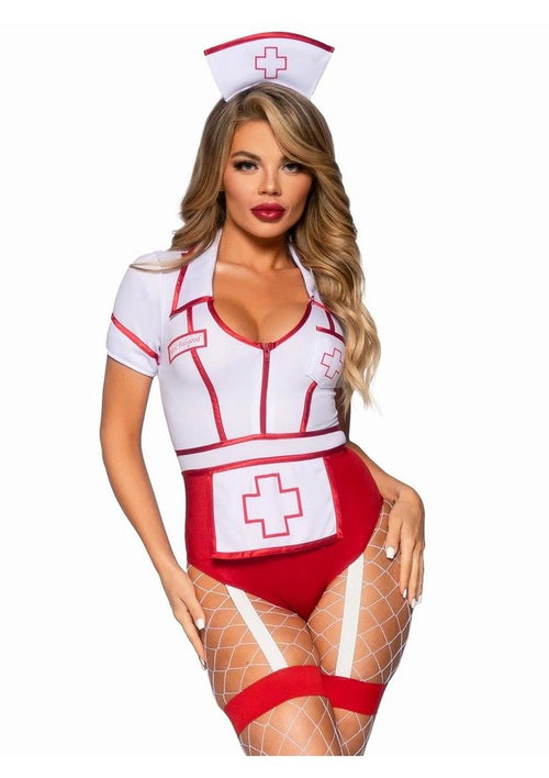 Load image 1 in gallery view. Leg Avenue Nurse Feelgood Snap Crotch Garter Bodysuit with Attached Apron and Hat Headband - Red/White - Medium - 2 Piece