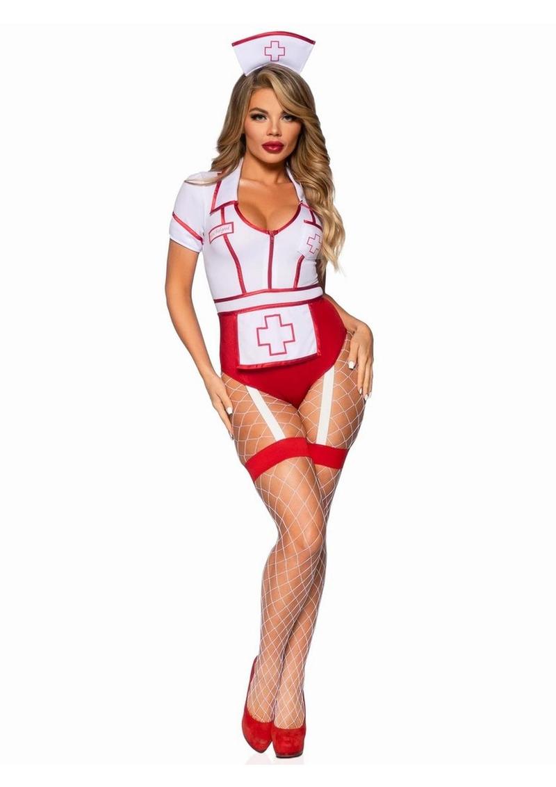 Nurse Feelgood Snap Crotch Garter Bodysuit with Attached Apron and Hat Headband Leg Avenue