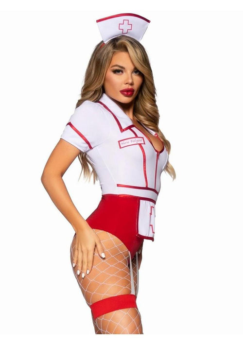 Load image 1 in gallery view. Leg Avenue Nurse Feelgood Snap Crotch Garter Bodysuit with Attached Apron and Hat Headband - Red/White - Small - 2 Piece