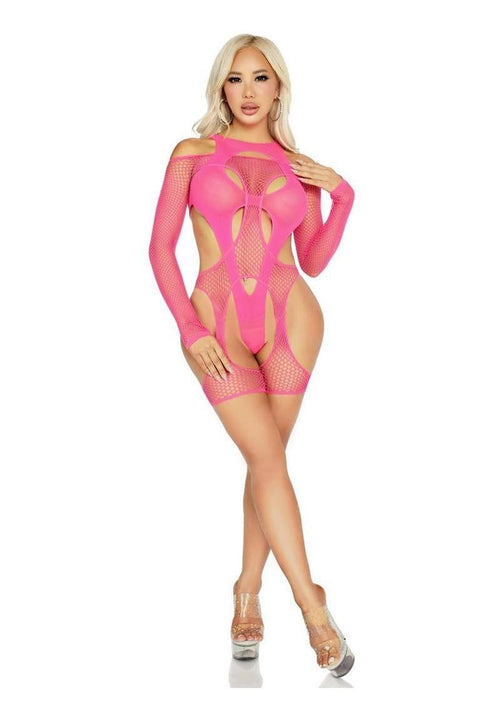 Load image 1 in gallery view. Leg Avenue Off - The - Shoulder Fishnet Garter Harness and Layered Opaque Cut - Out Teddy - Its Cassidy Bybee