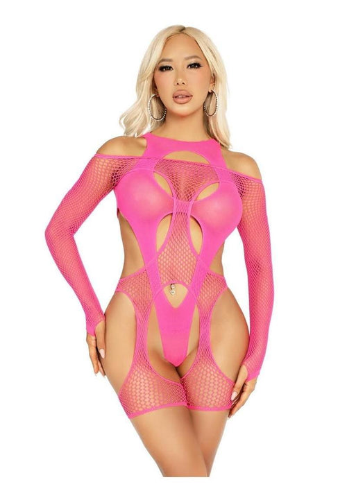Load image 1 in gallery view. Leg Avenue Off - The - Shoulder Fishnet Garter Harness and Layered Opaque Cut - Out Teddy - Its Cassidy Bybee