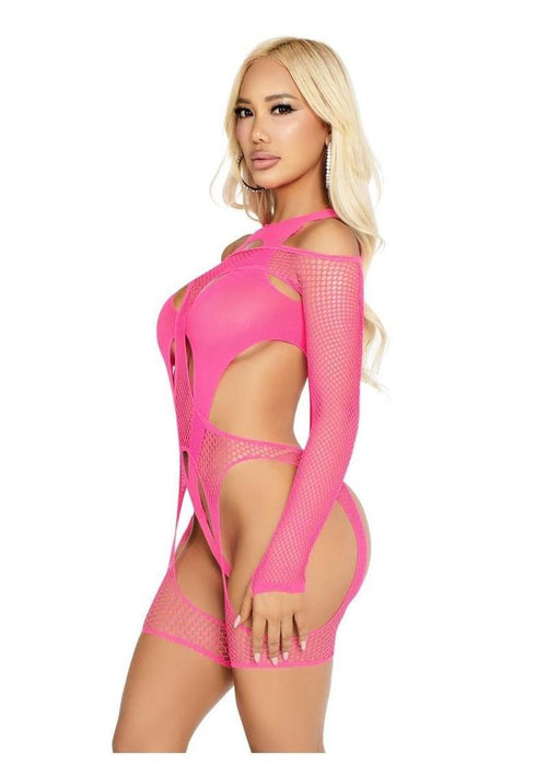 Load image 1 in gallery view. Leg Avenue Off - The - Shoulder Fishnet Garter Harness and Layered Opaque Cut - Out Teddy - Its Cassidy Bybee