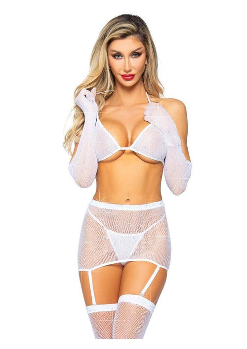Load image 1 in gallery view. Leg Avenue Rhinestone Fishnet Garter Skirt Set with Bikini Top, G-String, Gloves, and Matching Stockings - White - One Size - 5 Piece