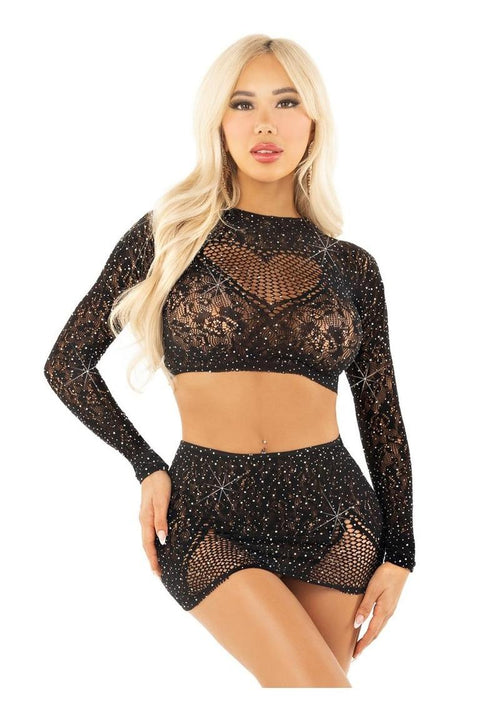 Load image 1 in gallery view. Leg Avenue Rhinestone Lace and Net Crop Top with Heart Keyhole Detail and Mini Skirt - Black - One Size - 2 Piece