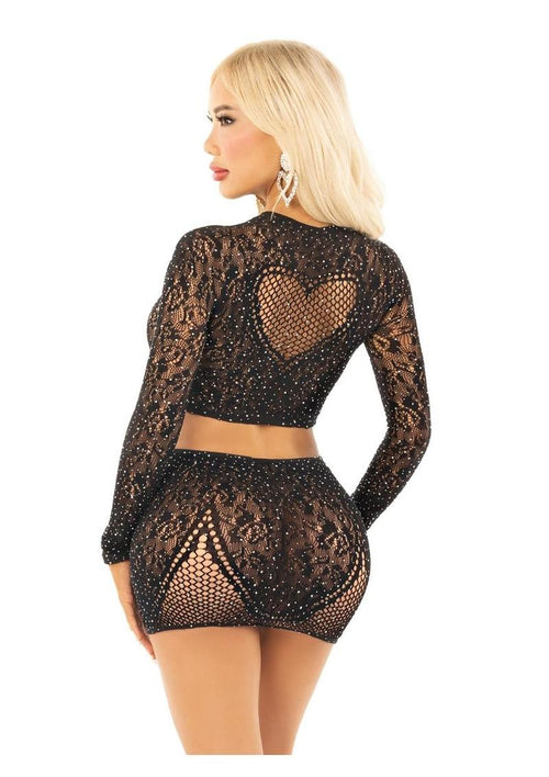 Load image 1 in gallery view. Rhinestone Lace and Net Crop Top with Heart Keyhole Detail and Mini Skirt Leg Avenue