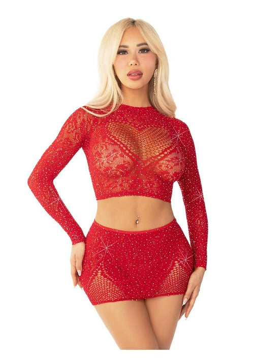 Load image 1 in gallery view. Leg Avenue Rhinestone Lace and Net Crop Top with Heart Keyhole Detail and Mini Skirt - Red - One Size - 2 Piece