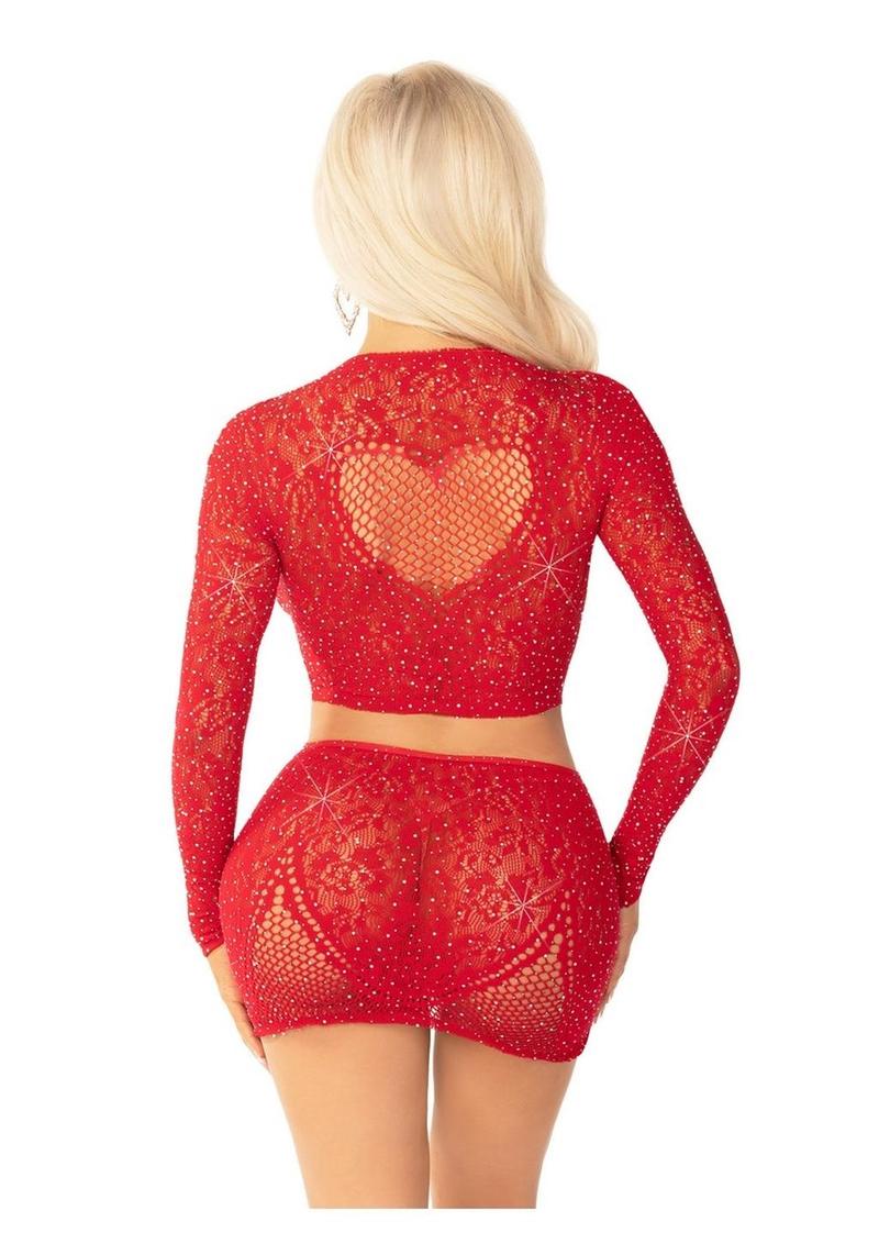 Rhinestone Lace and Net Crop Top with Heart Keyhole Detail and Mini Skirt Leg Avenue
