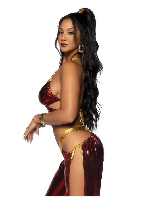Load image 1 in gallery view. Leg Avenue Ruby Desert Princess Lame Bikini Top and Split Leg Cut-Out Harem Pants with Side Ties - Red - XSmall - 2 Piece