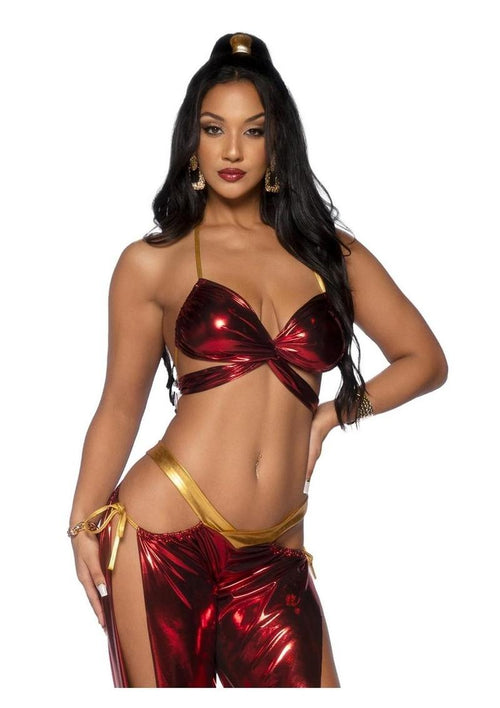 Load image 1 in gallery view. Leg Avenue Ruby Desert Princess Lame Bikini Top and Split Leg Cut-Out Harem Pants with Side Ties - Red - Medium - 2 Piece