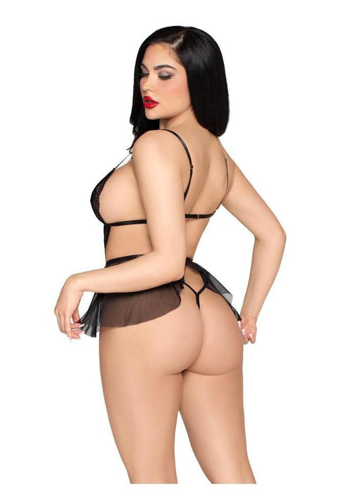 Load image 1 in gallery view. Leg Avenue Scalloped Lace and Mesh Babydoll and Matching Crotchless Panty - Black - Large - 2 Piece